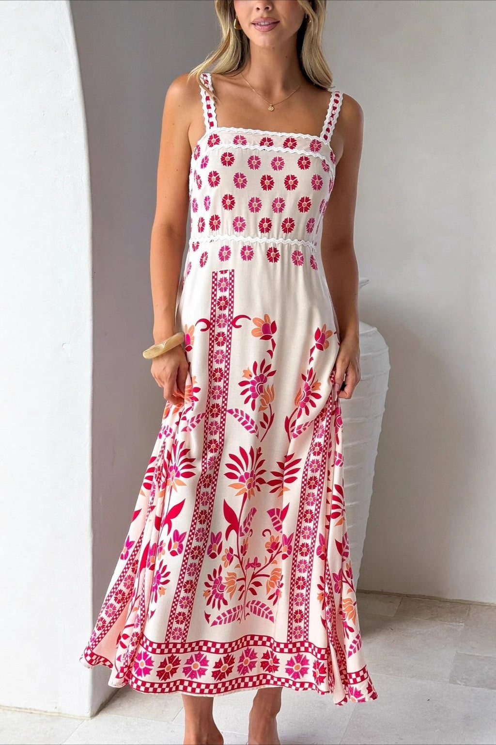 Square Neck Lace Trim Empire Waist Geometric Floral Border Maxi Dress