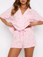 Blue Zone Planet | Valentine's Day Printed Collared Neck Short Sleeve Top And Shorts Set