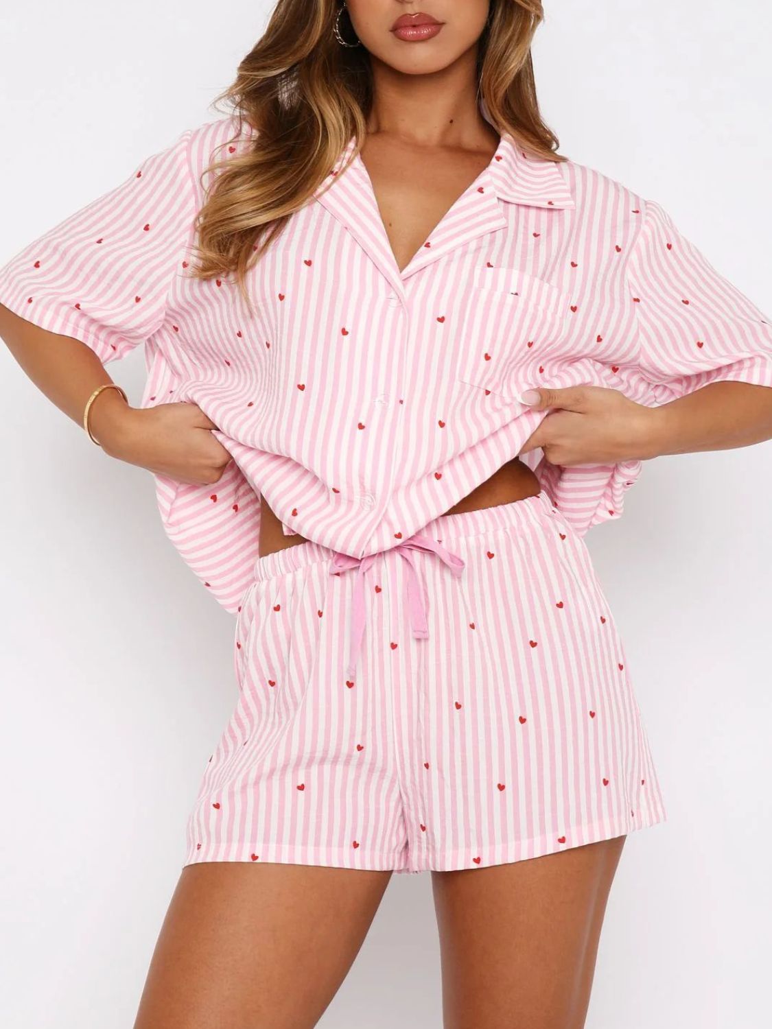 Blue Zone Planet | Valentine's Day Printed Collared Neck Short Sleeve Top And Shorts Set