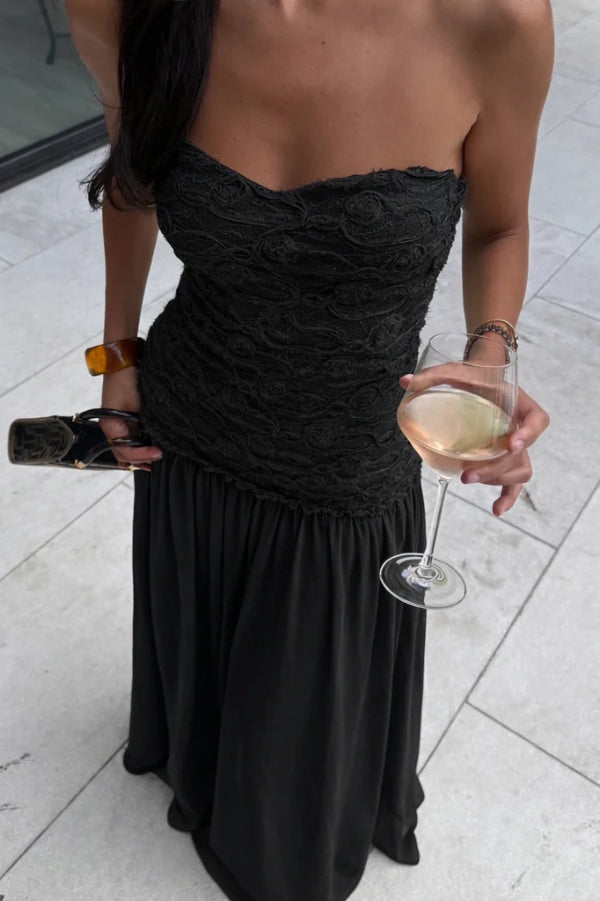 Stylish Three-dimensional Floral Chiffon Patchwork Strapless Elegant Maxi Dress