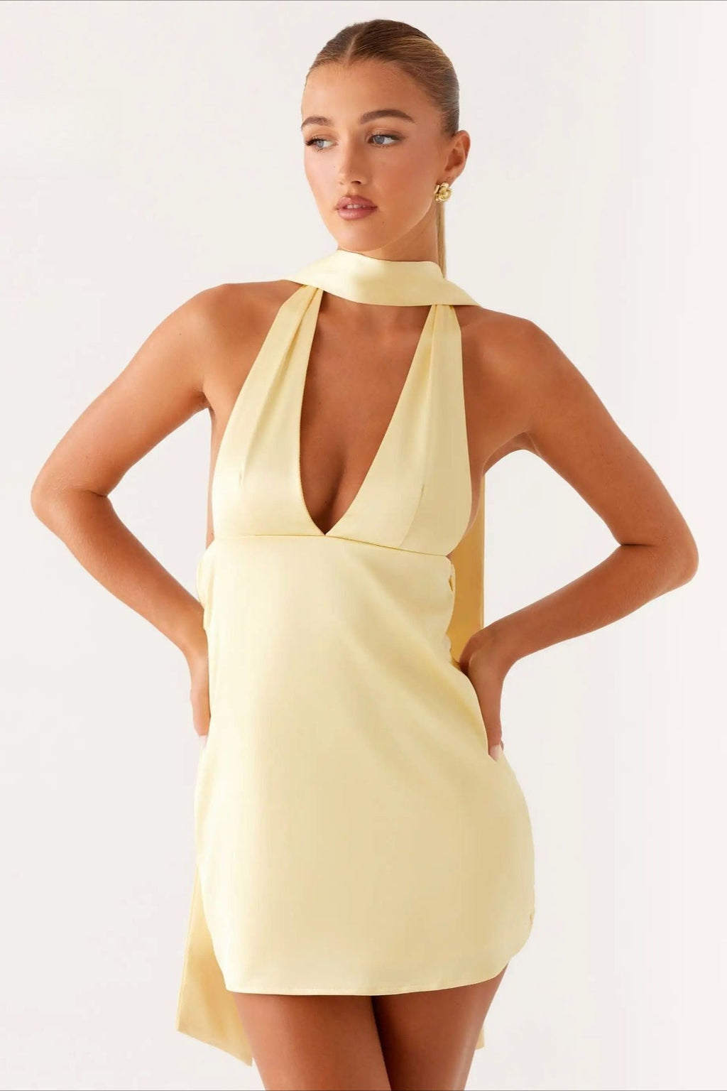 Satin Plunging V-Neck Halter Scarf Strap Backless Mini Dress