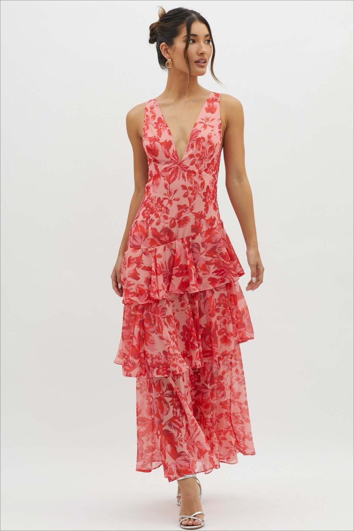 Deep V Neck Tiered Ruffle Watercolor Floral Print Maxi Dress