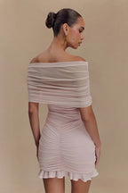 Off Shoulder Mesh Band Ruched Ruffle Hem Bodycon Mini Dress