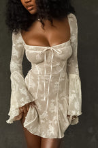 Lace Corset Bodice Tie Front Off Shoulder Bell Sleeve Mini Dress