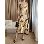 Cowl Neck Spaghetti Strap Abstract Brushstroke Satin Midi Slip Dress