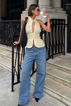 Vintage Tie Halter Peter Pan Collar Off Shoulder Tank Top