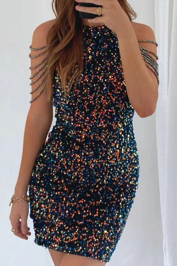 Sequin Halter Neck Beaded Strap Detail Bodycon Mini Dress
