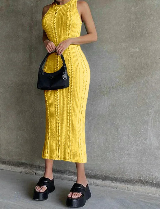 Sleeveless Round Neck Cable Knit Bodycon Midi Dress