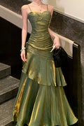 Sweetheart Spaghetti Strap Ruched Knot Detail Tiered Mermaid Maxi Gown