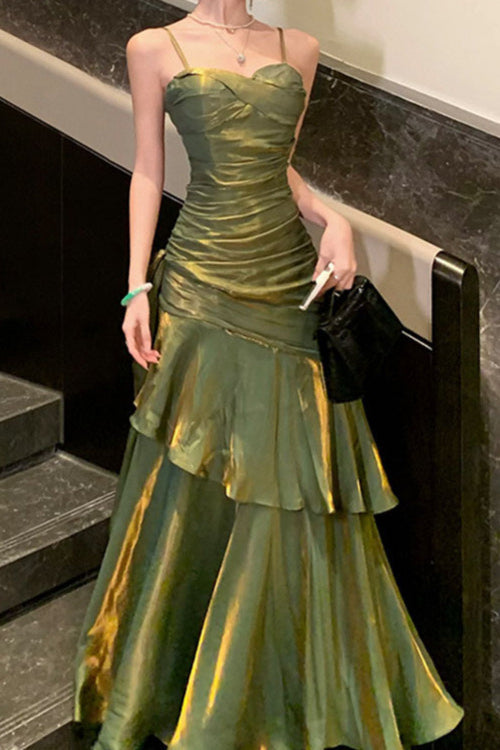 Sweetheart Spaghetti Strap Ruched Knot Detail Tiered Mermaid Maxi Gown