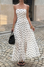 Strapless Polka Dot Paneled Slit Maxi Dress
