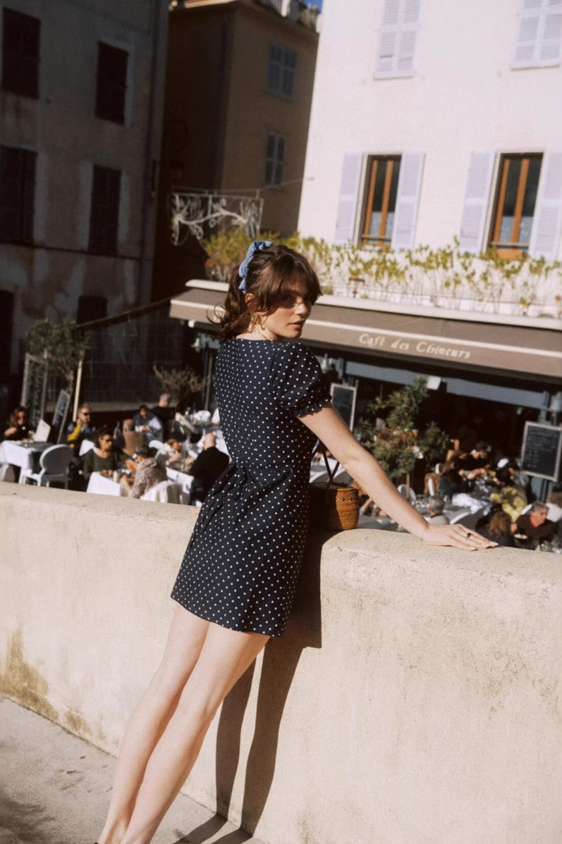 Polka Dot Peter Pan Collar Puff Sleeve Button Front Fit and Flare Mini Dress