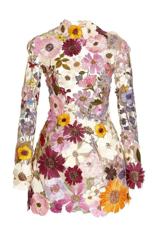Mock Neck Long Sleeve Sheer Mesh 3D Floral Applique Mini Dress