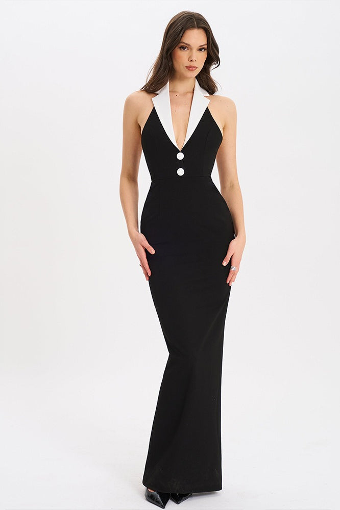 Halter Plunging V Tuxedo Lapel Button Front Bodycon Maxi Dress