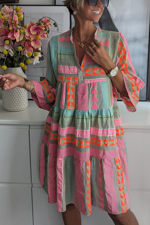 Geometric Print Bell Sleeve Tiered Smock Babydoll Mini Dress