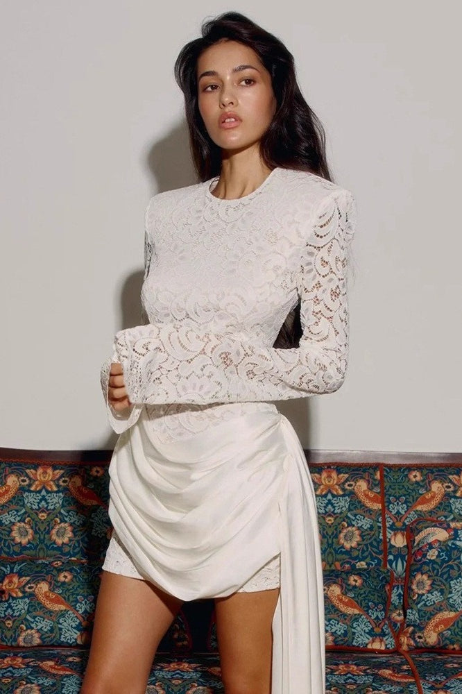 Lace Long Sleeve Crew Neck Satin Drape Ruched Panel Mini Dress