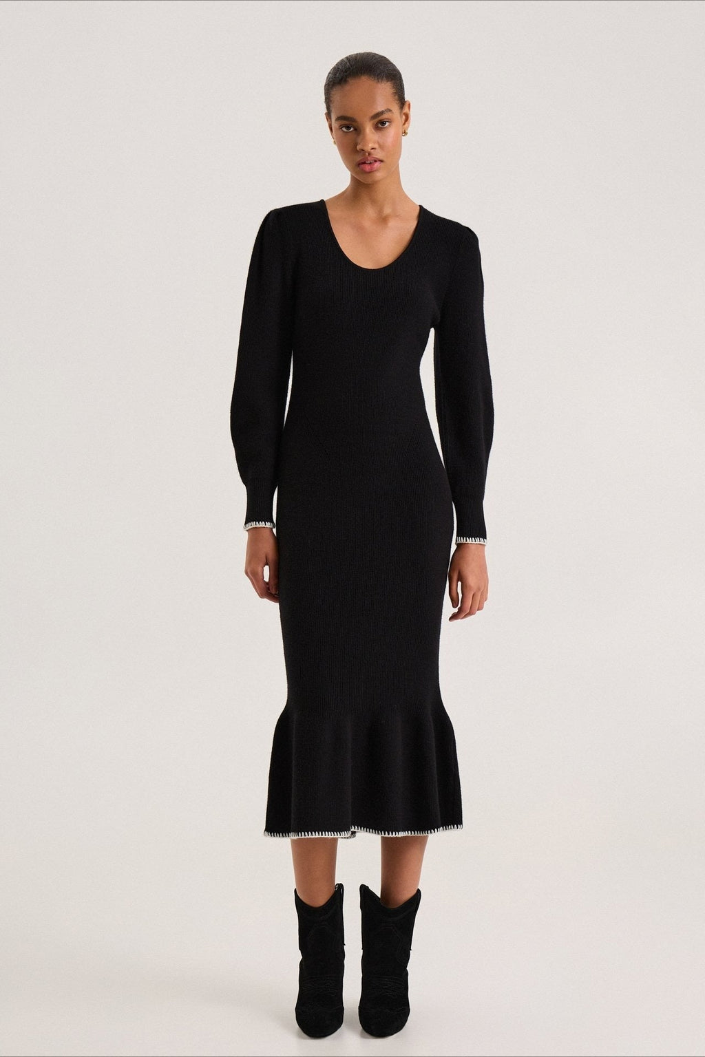 Contrast Trim Ruffle Sweater Dress