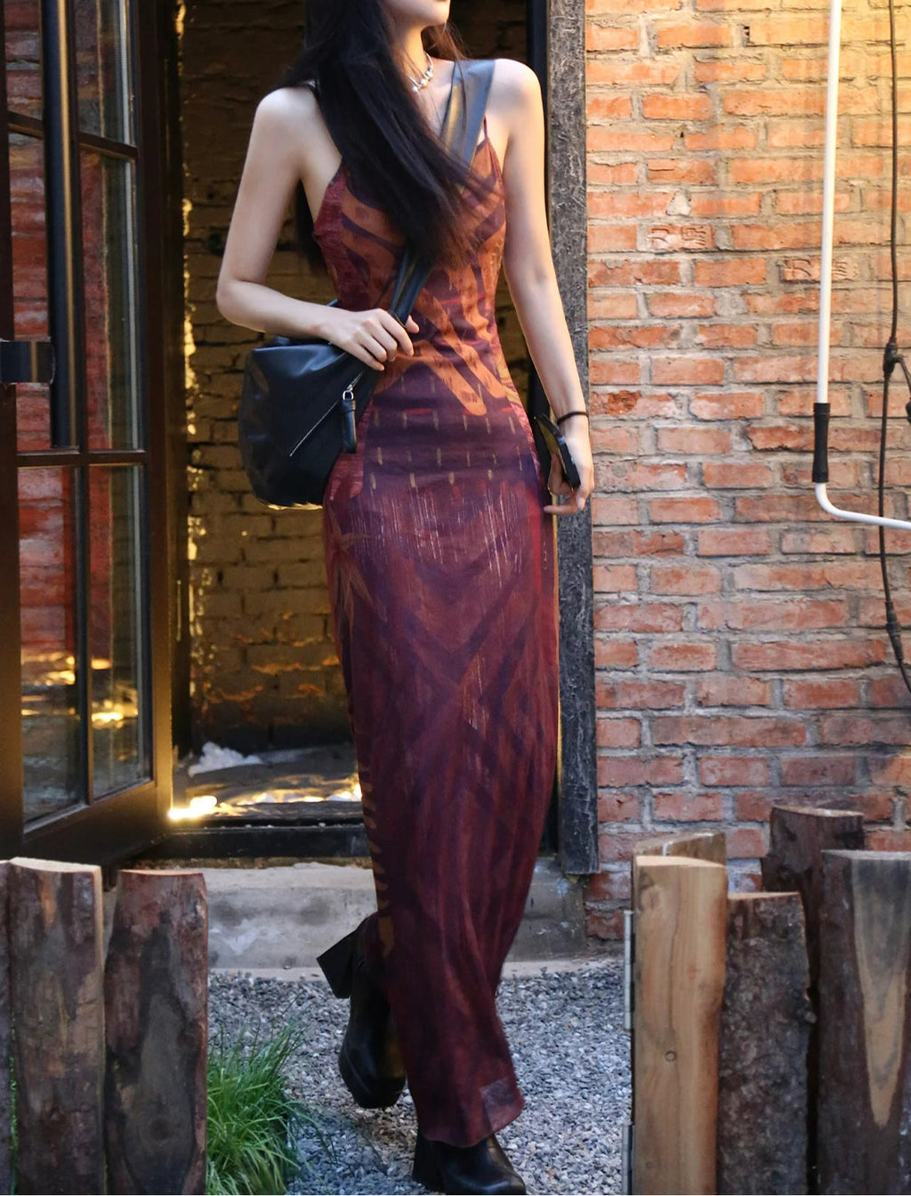 Tribal Print Spaghetti Strap V-Neck Bodycon Maxi Dress