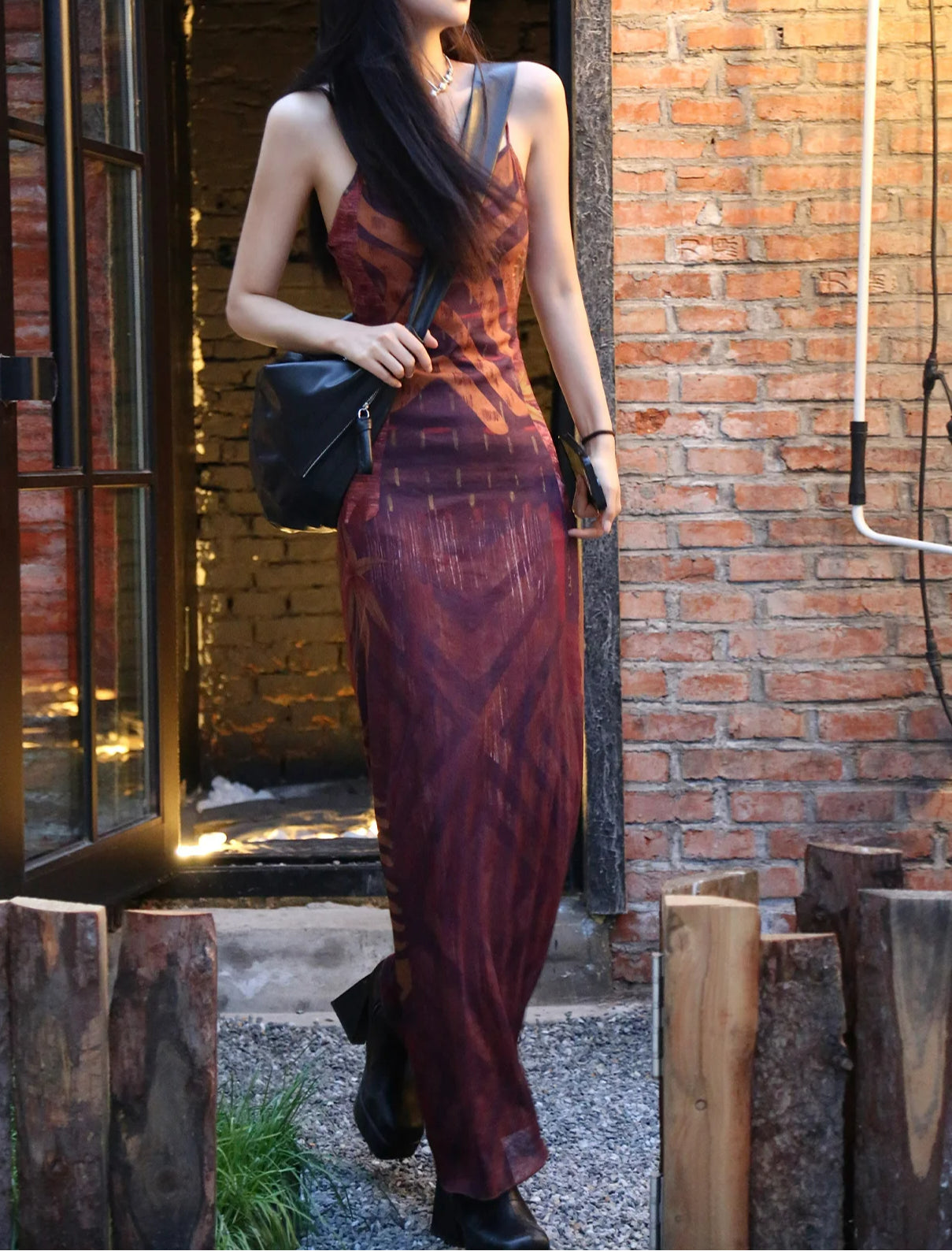 Tribal Print Spaghetti Strap V-Neck Bodycon Maxi Dress