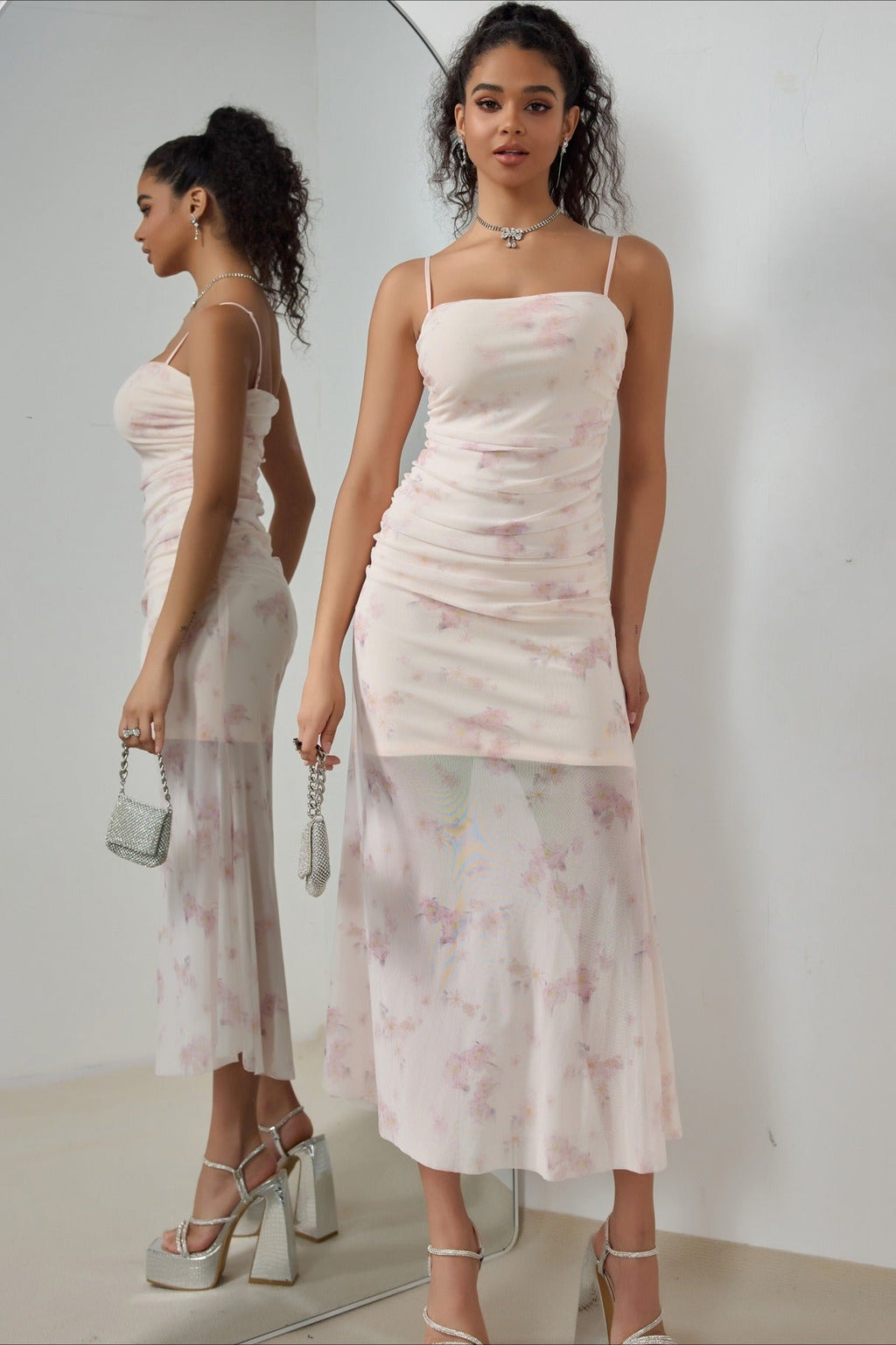 Pink Spaghetti Strap Square Neck Ruched Mesh Sheer Overlay Watercolor Floral Midi Dress
