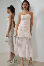 Pink Spaghetti Strap Square Neck Ruched Mesh Sheer Overlay Watercolor Floral Midi Dress