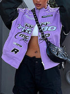 Color Block Splice Print Motorcycle Jacket