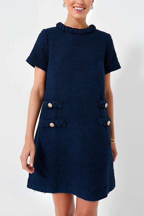 Tweed Braided Trim Crew Neck Button Welt Shift Mini Dress