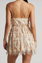 Sequin Fringe Tassel Spaghetti Strap Deep V-Neck Fit and Flare Mini Dress