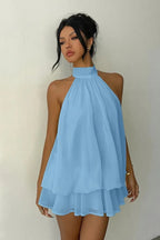 Backless Halter Tie Waist Ruffled Bodycon Mini Dress
