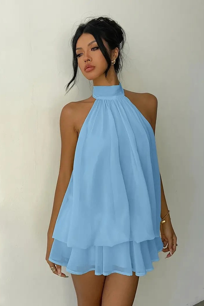 Backless Halter Tie Waist Ruffled Bodycon Mini Dress