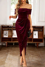 Marcella Exclusive Off Shoulder Red Dahlia Velvet Party Dress Boutique Collection
