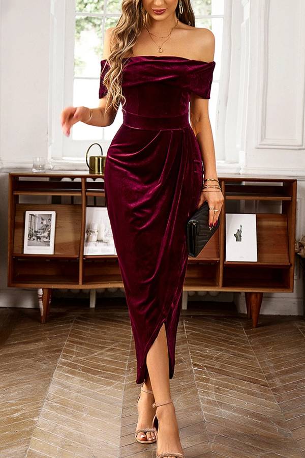 Marcella Exclusive Off Shoulder Red Dahlia Velvet Party Dress Boutique Collection