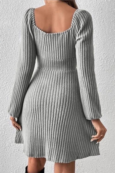 Blue Zone Planet | Ribbed Tied Square Neck Long Sleeve Mini Dress