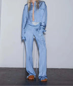 Blue Print Pockets Button Pants Office Two Piece Set