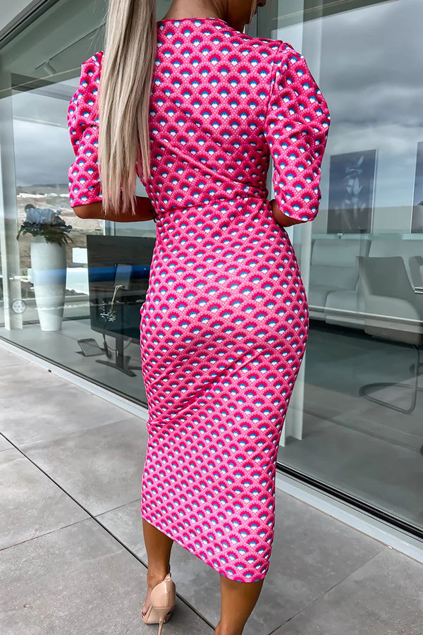 Printed Puff Sleeve Wrap V-Neck Bodycon Midi Dress