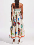 Spaghetti Strap Square Neck Folk Art Graphic Print Midi Dress