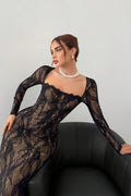 Lace Corset Square Neck Long Sleeve Bodycon Midi Dress