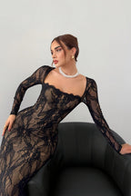 Lace Corset Square Neck Long Sleeve Bodycon Midi Dress