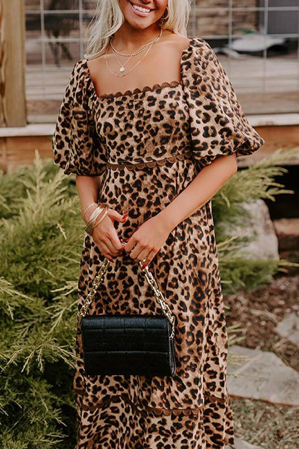 Abigail Exclusive Brown Leopard Print Ricrac Puff Sleeve Maxi Dress Boutique Collection