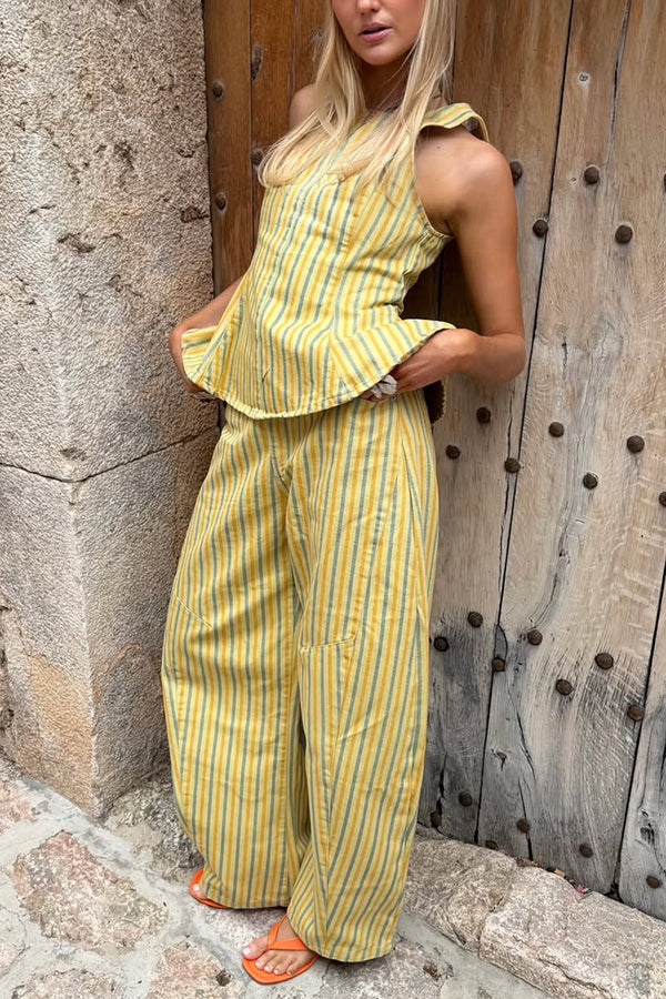City Outfit Striped Peplum Hem Top and Elastic Waist Pocket Wide Leg Pants Set