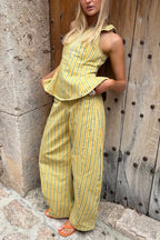 City Outfit Striped Peplum Hem Top and Elastic Waist Pocket Wide Leg Pants Set
