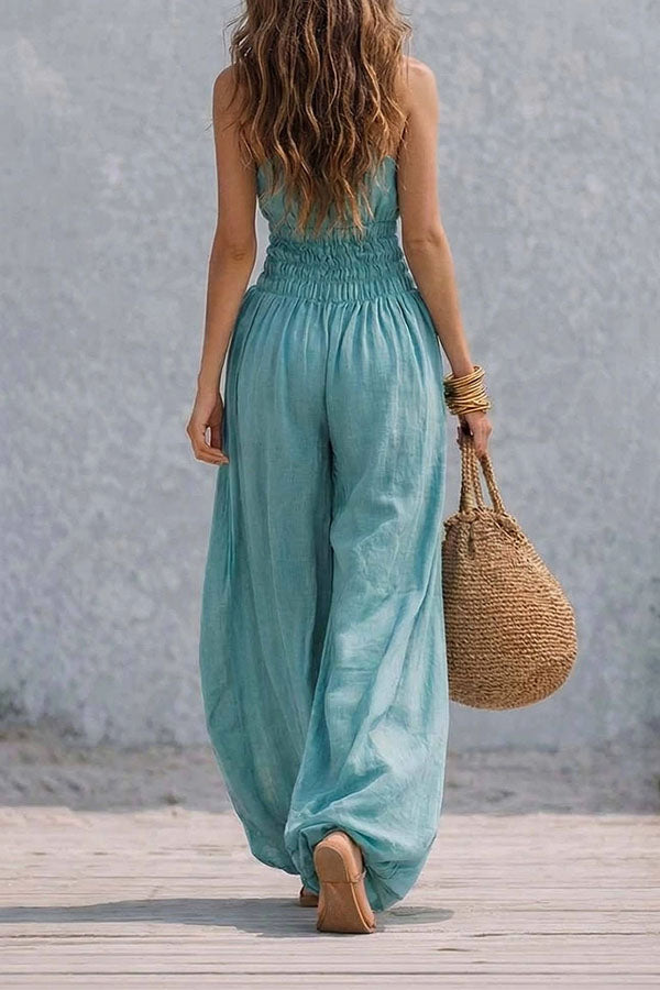 Flowy Smocked Waist Wide-Leg Palazzo Romper