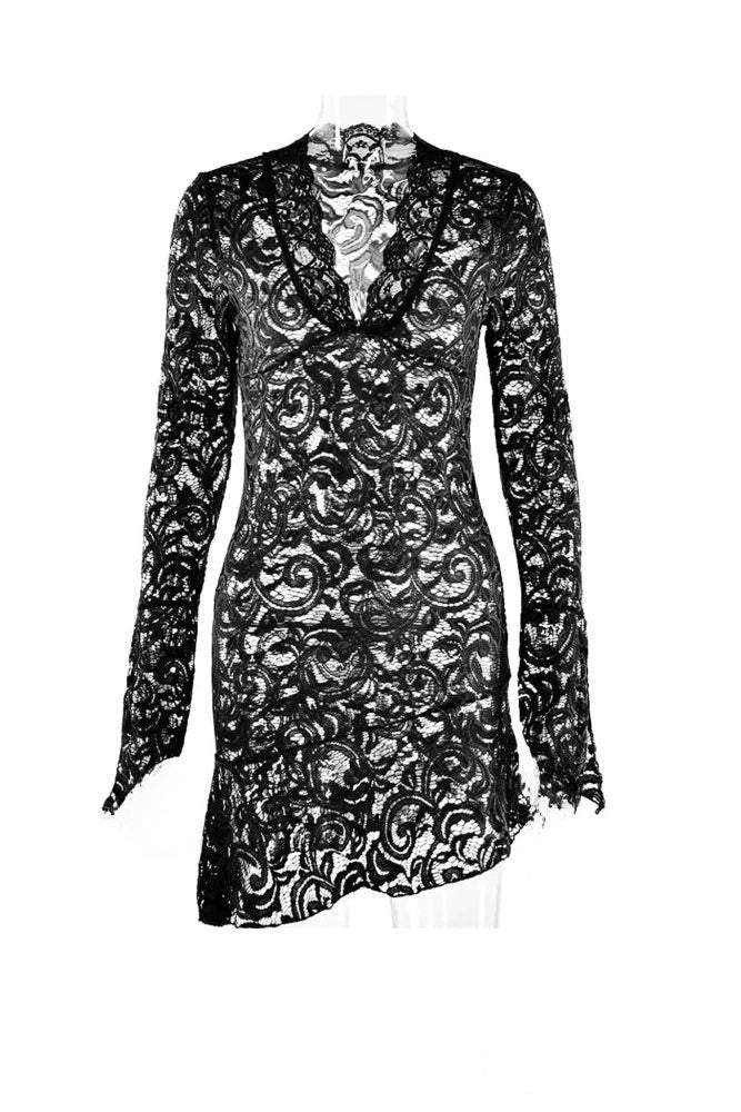 Floral Lace Deep V-Neck Bell Sleeve Asymmetric Ruffle Hem Mini Dress