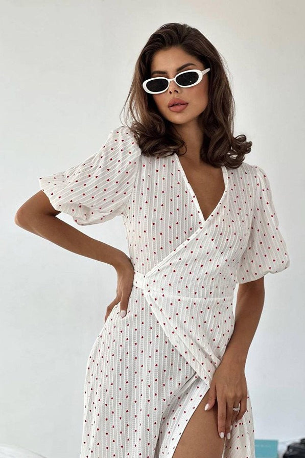 Heart Print Puff Sleeve V-Neck Wrap Maxi Dress