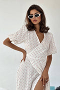 Heart Print Puff Sleeve V-Neck Wrap Maxi Dress