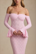 Sequin Off Shoulder Sweetheart Long Bell Sleeve Mermaid Formal Gown