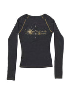 Vintage Print V Neck Breasted Long Sleeve Tee