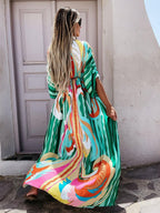 Geometric Kaftan Dress for Women - Boho Drawstring Waist High Slit Maxi Cover-up Dress - Summer Beach Resort Wear 2026