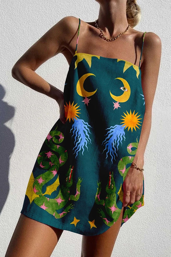 Celestial Print Spaghetti Strap Square Neck Slip Mini Dress
