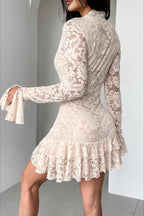 Lace Deep V-Neck Bell Sleeve Tiered Ruffle Flounce Mini Dress